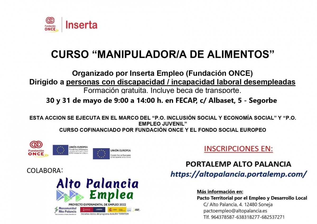 CURSO (Gratuito): MANIPULADOR/A DE ALIMENTOS (Dirigido a personas con discapacidad o incapacidad laboral desempleadas)