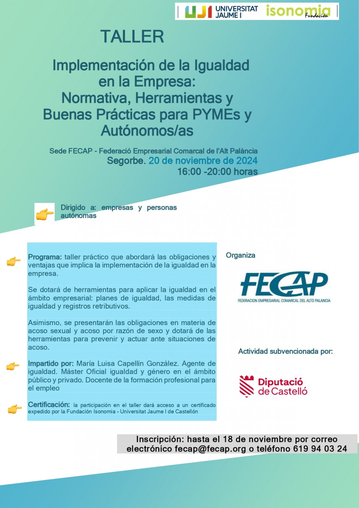 TALLER:IMPLENTACIÓN DE LA IGUALDAD EN LA EMPRESA:NORMATIVA, HERRAMIENTAS Y BUENAS PRACTICAS PARA PYMES Y AUTÓNOMOS