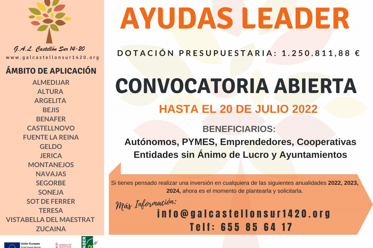 NUEVA CONVOCATORIA AYUDAS LEADER (Solicitudes hasta el 20 de julio 2022)
